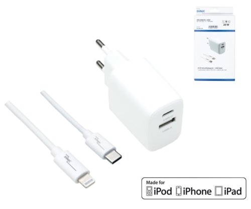 DINIC USB C+A Lade-Set 20W, PD, weiß, 1m Lightning/C 20W, 3,6V~5,9V/3A; 6~9V/2A; 9V~12V/1,5A